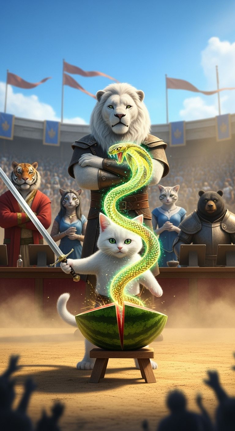 Heroic Kitten Slices Watermelon in Alien Cat Cinematic Style