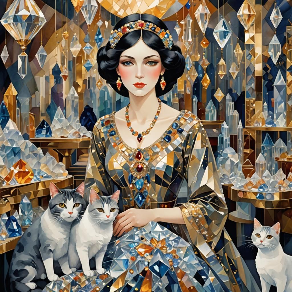 A beautiful woman and cats in a crystals store - 01