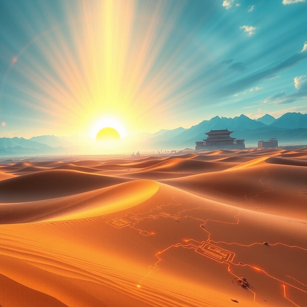 Ethereal Thorium Dawn Panorama: Cyberpunk Desert Dreamscape