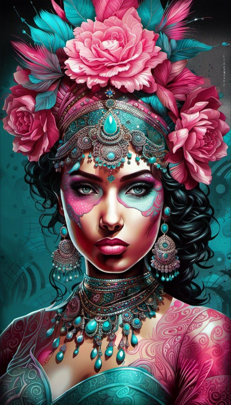 Intricate Stencil Art: Pink & Teal Indian Bride