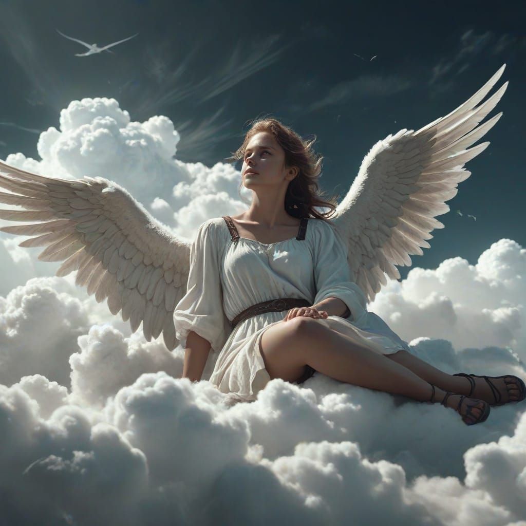 Ethereal Angel Resting on Cloud in Cinematic Style