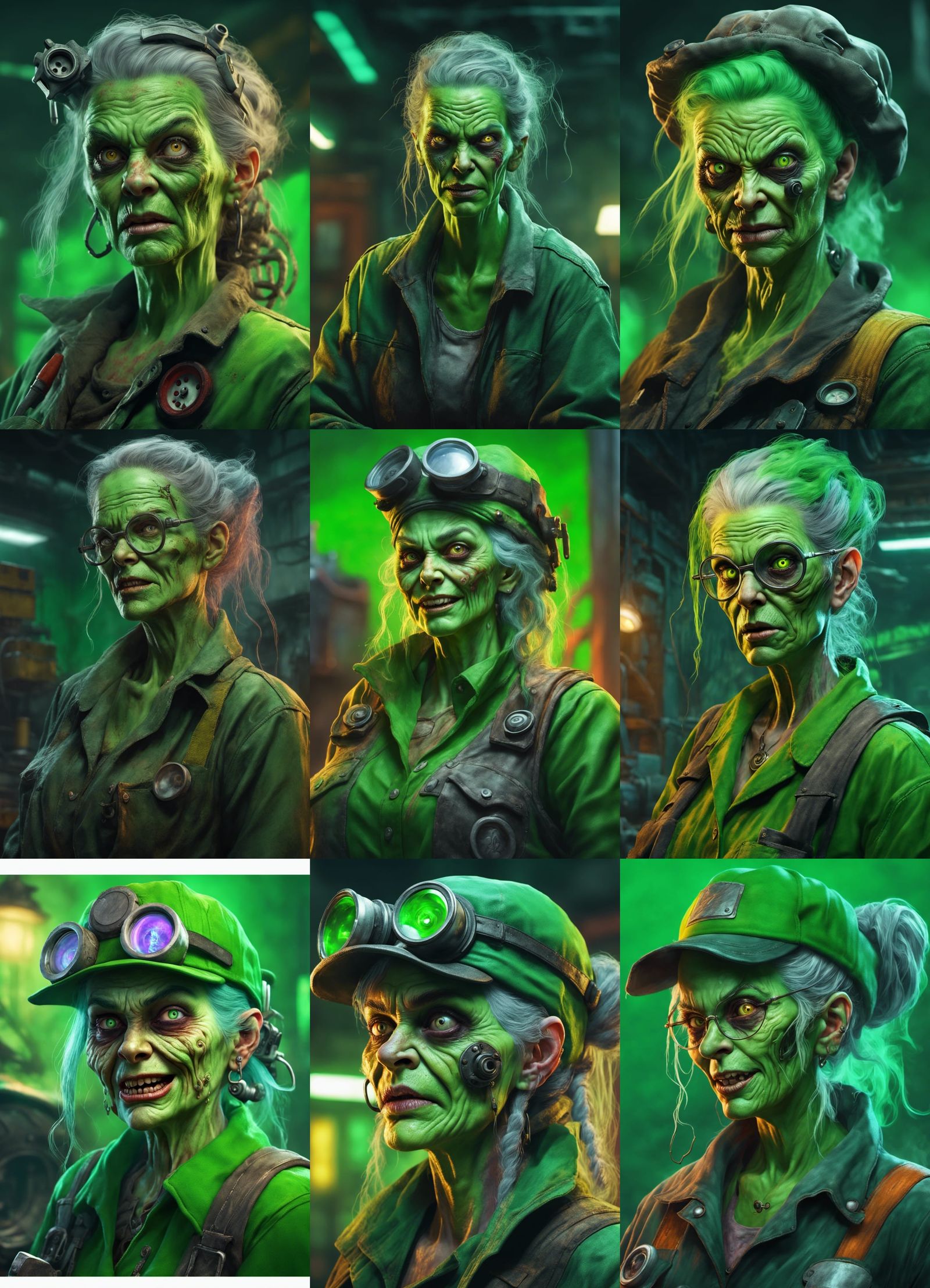 Creepy Green Hag Mechanic in Hyperrealistic Dark Fantasy