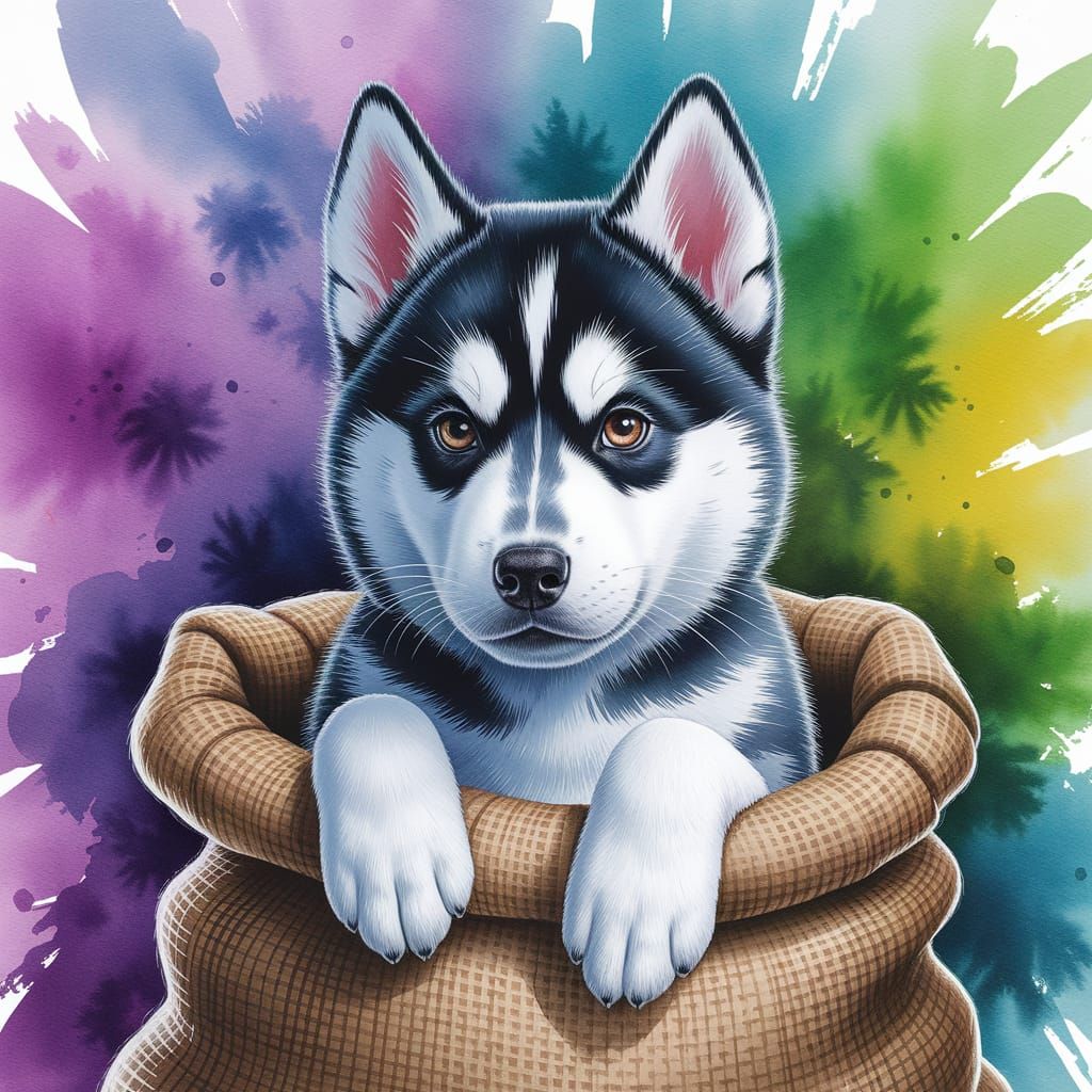 Husky Puppy Peek in Watercolor Impressionism