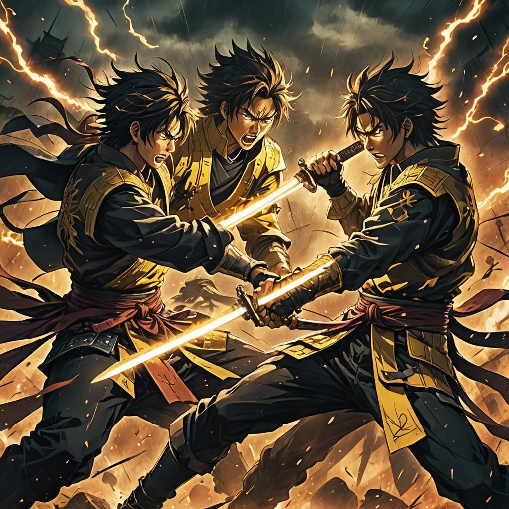 Intense Sword Combat in Dark Japanese Manga Style
