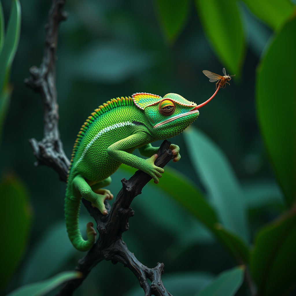Chameleon Captures Insect in Dense Jungle