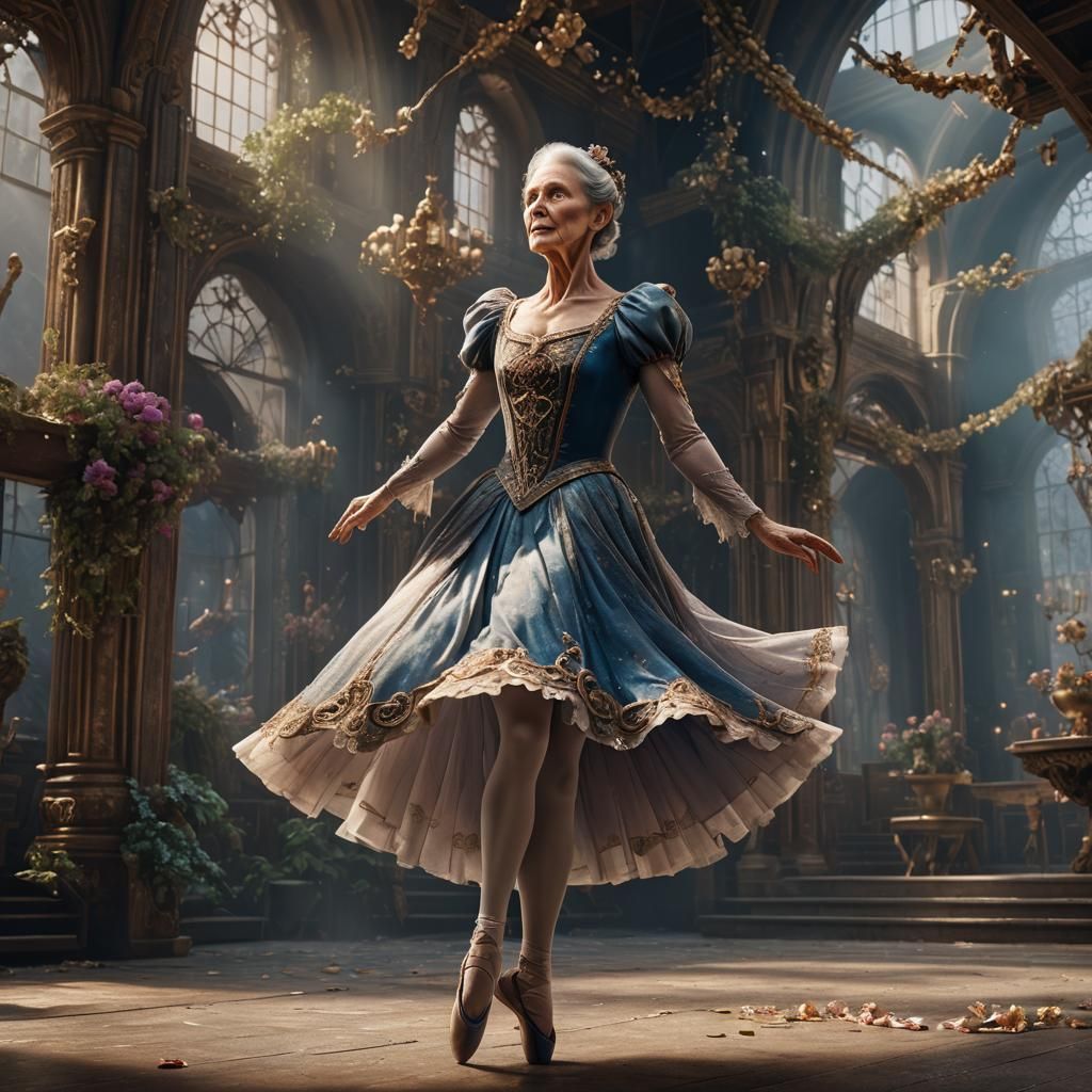 Fantastical Detailed Painting of Elderly Ballet Dancer