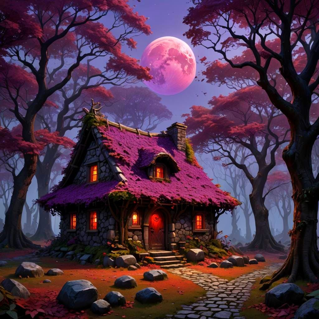 Ivy-Covered Hut in Ancient Forest, Dark Fantasy Art