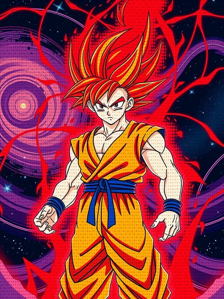 pointillism-style illustration of Goku transforming into Sup...