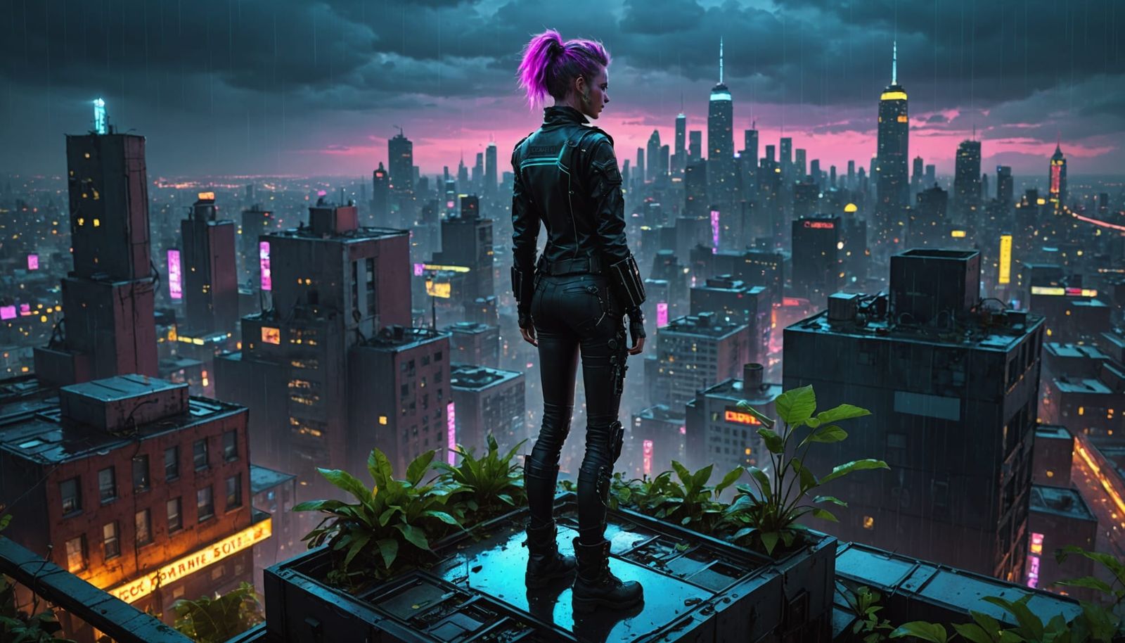 Cyberpunk Cityscape with Hidden Forest