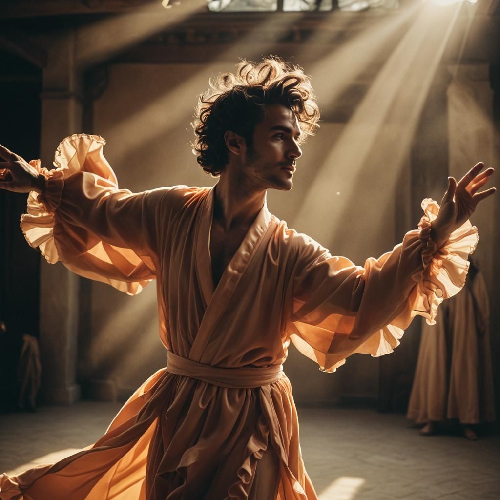 Apricot Robe Dancer in Cinematic Film Still