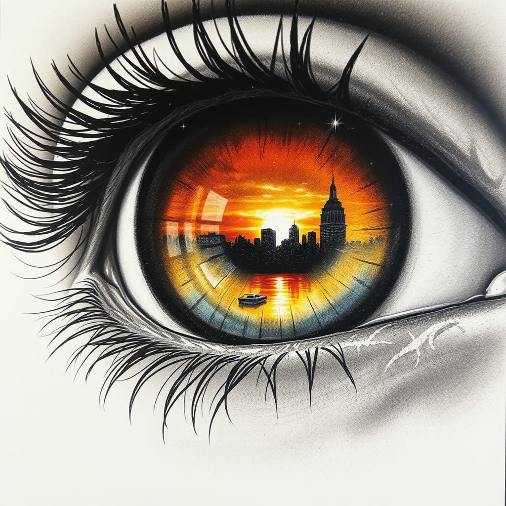 Hyperrealistic Close-Up of an Eye Reflecting a Vibrant Scene