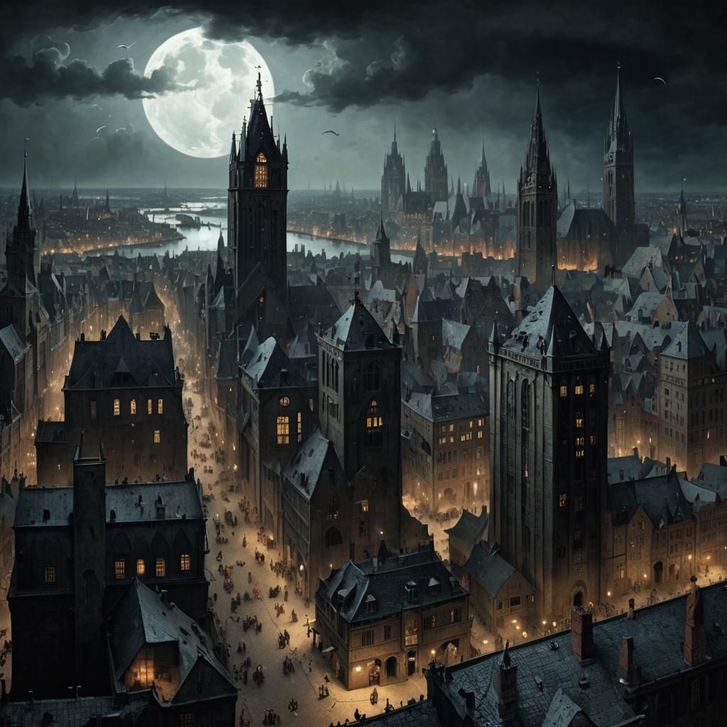 Medieval Gotham City Inspired by Bosch and Rembrandt