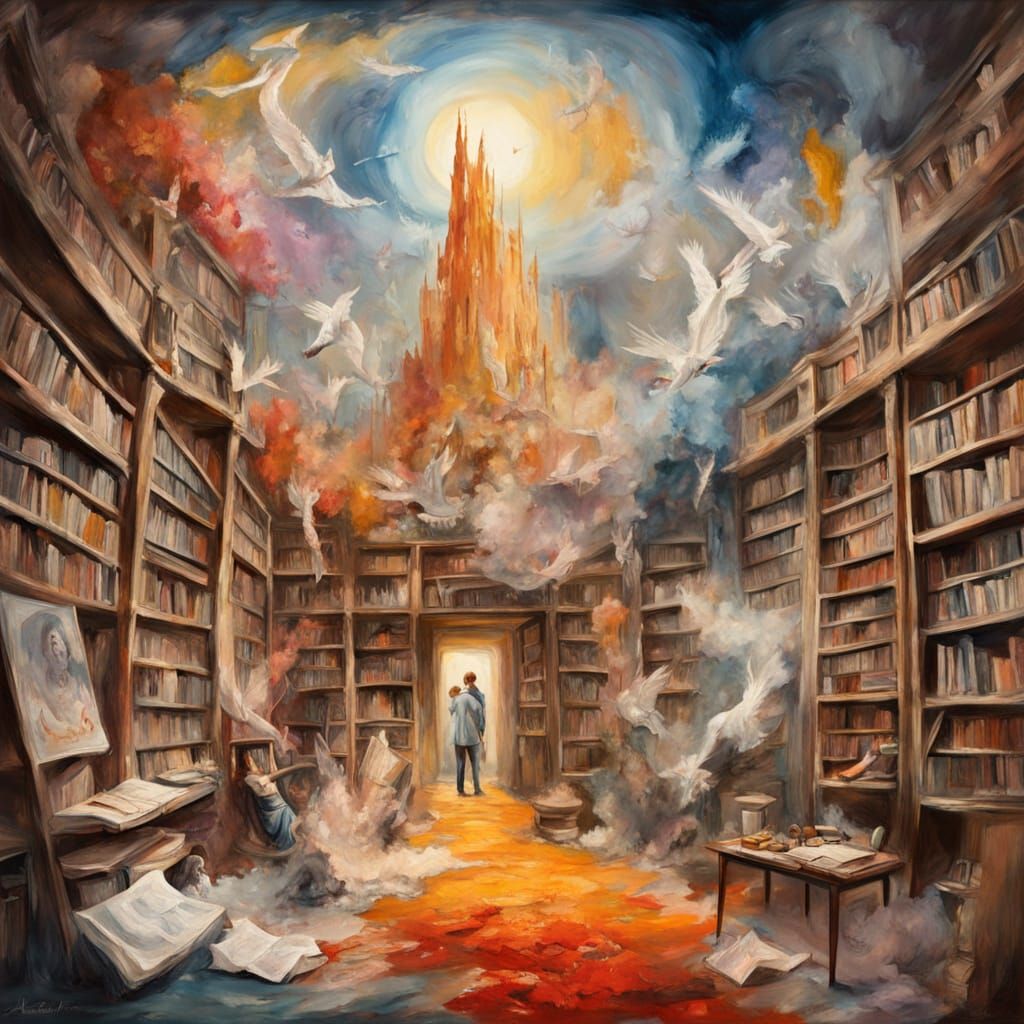 Whimsical Library in Vibrant Gouache Style