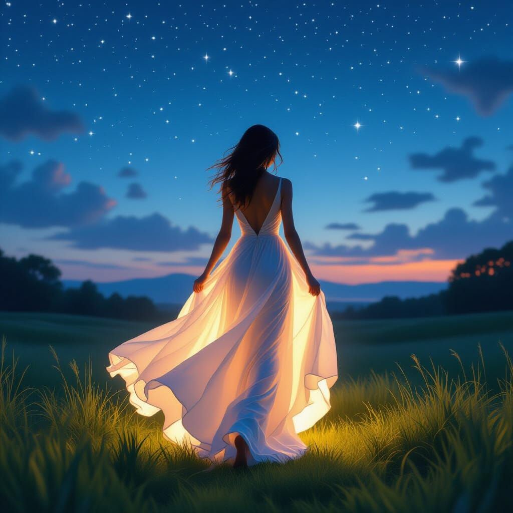 Ethereal Lady in Glowing Gown Under Starry Sky