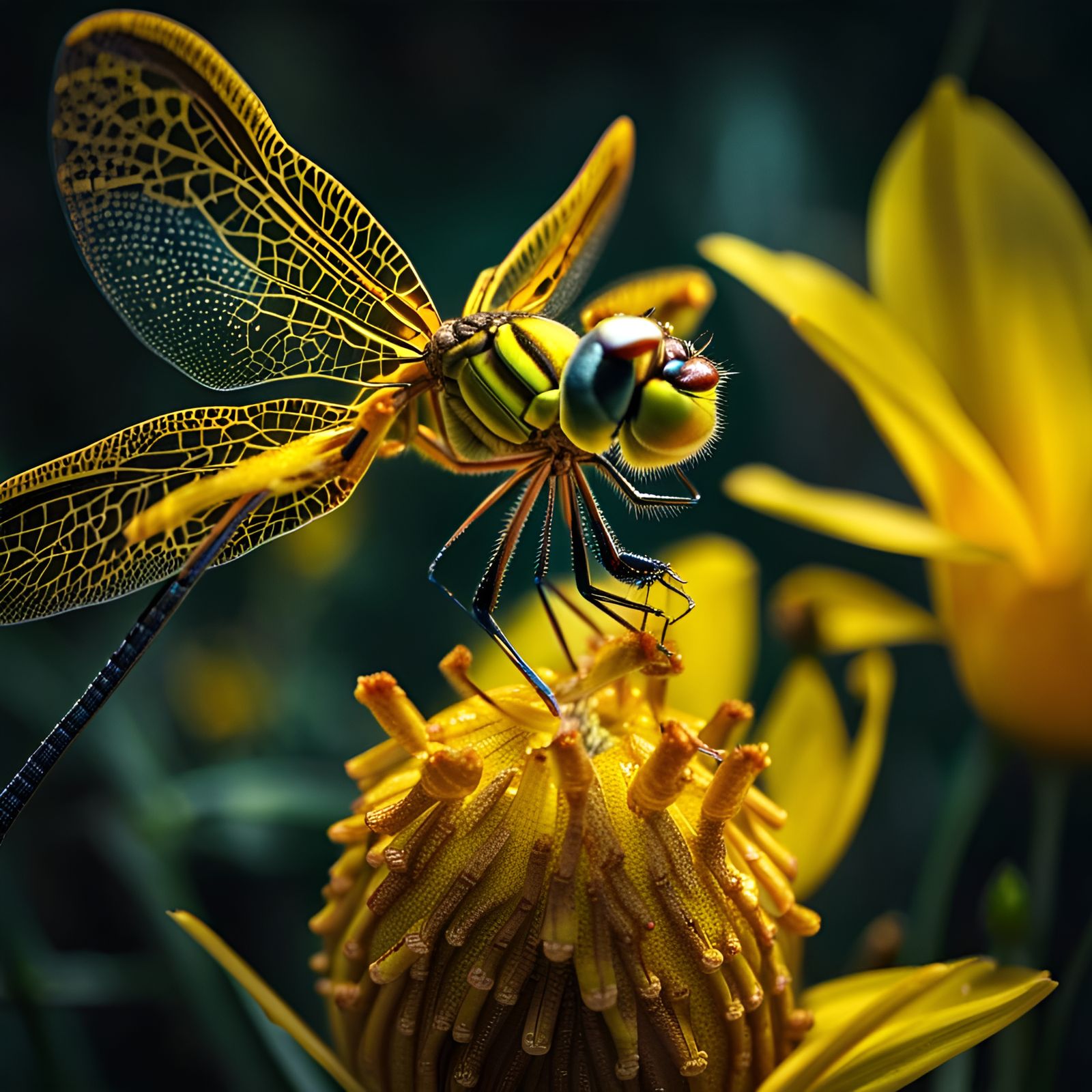 Dragonfly Fairy on Yellow Flower in Hyperrealistic Style