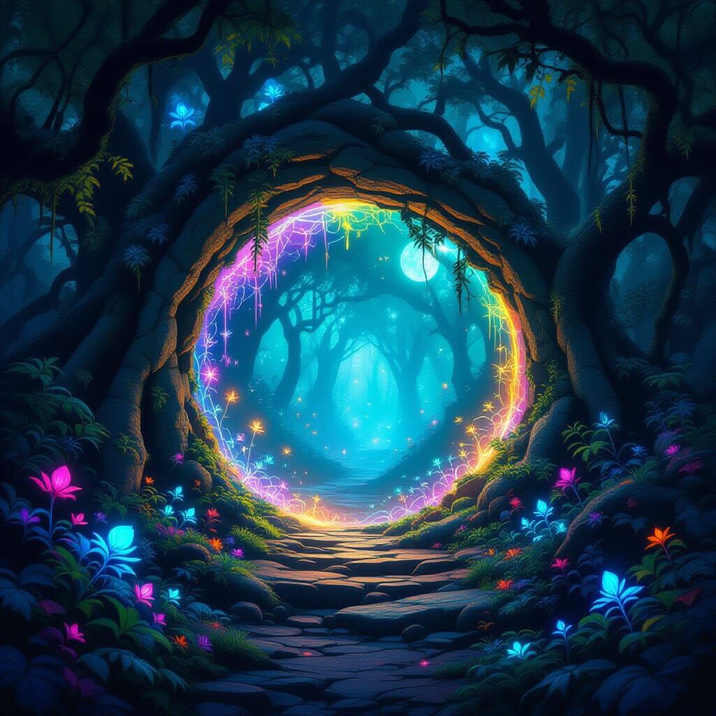 Hidden Portal in Moonlit Forest, Iridescent Energy & Biolumi...