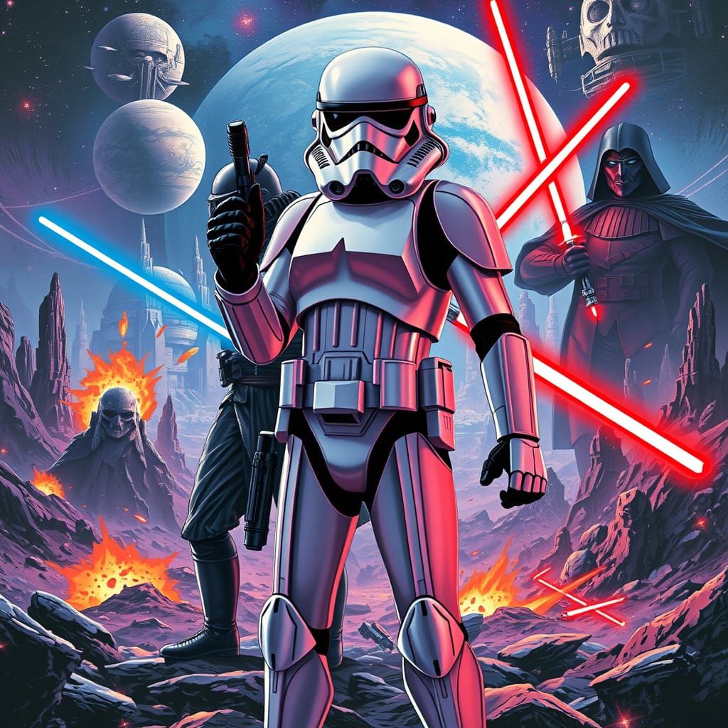 Stormtrooper, Jedi, and Sith in Cosmic Battle