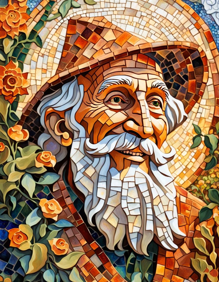 Mosaic Portrait: Smiling Wizard in a Floral Garden