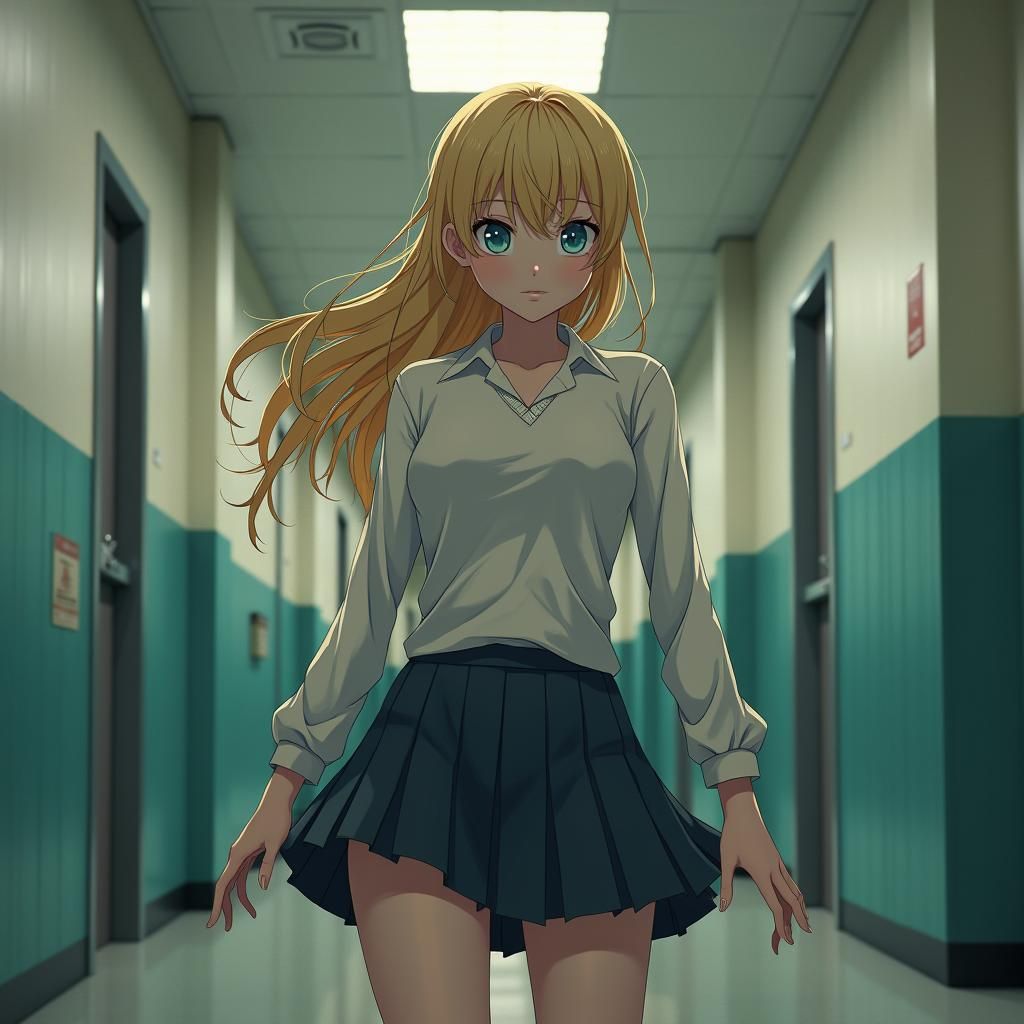 Anime Girl Bully in Japanese School Hallway