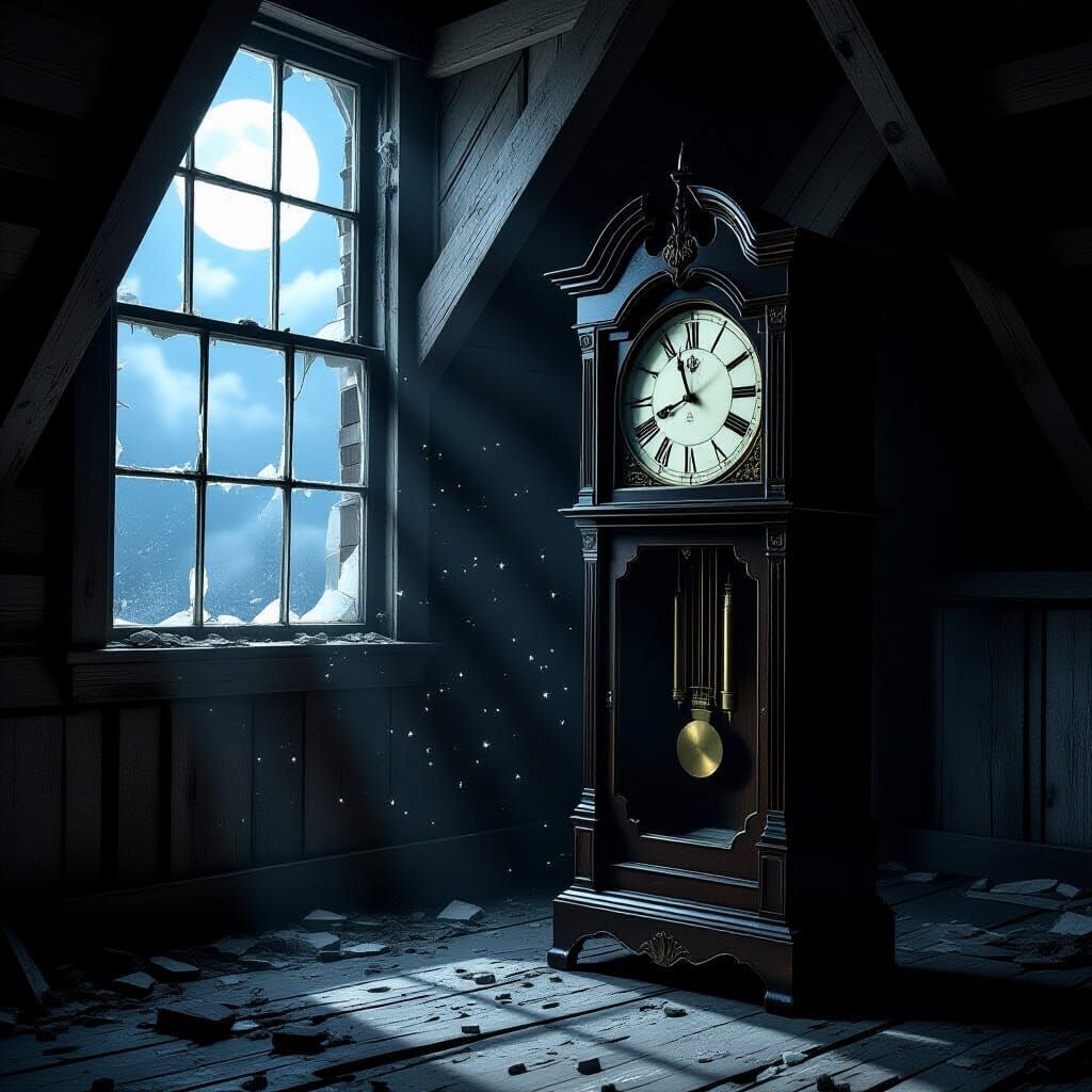 Melancholy Grandfather Clock in Moonlit Attic