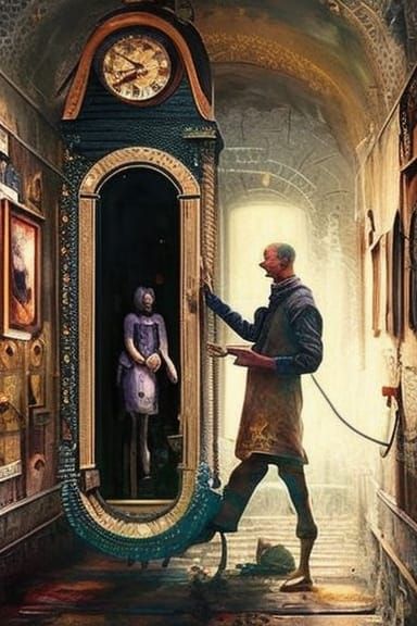 Time Traveler Enters Clock Portal: 3D Digital Art