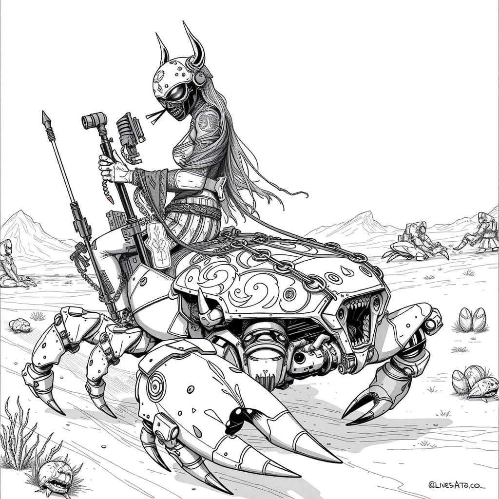 Cyberpunk Warrior Girls Ride Mechanical Crabs Through Desert...
