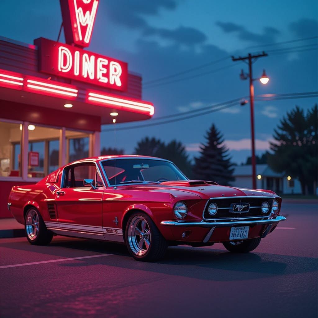 Custom 1967 Mustang at Diner with Dramatic Lighting