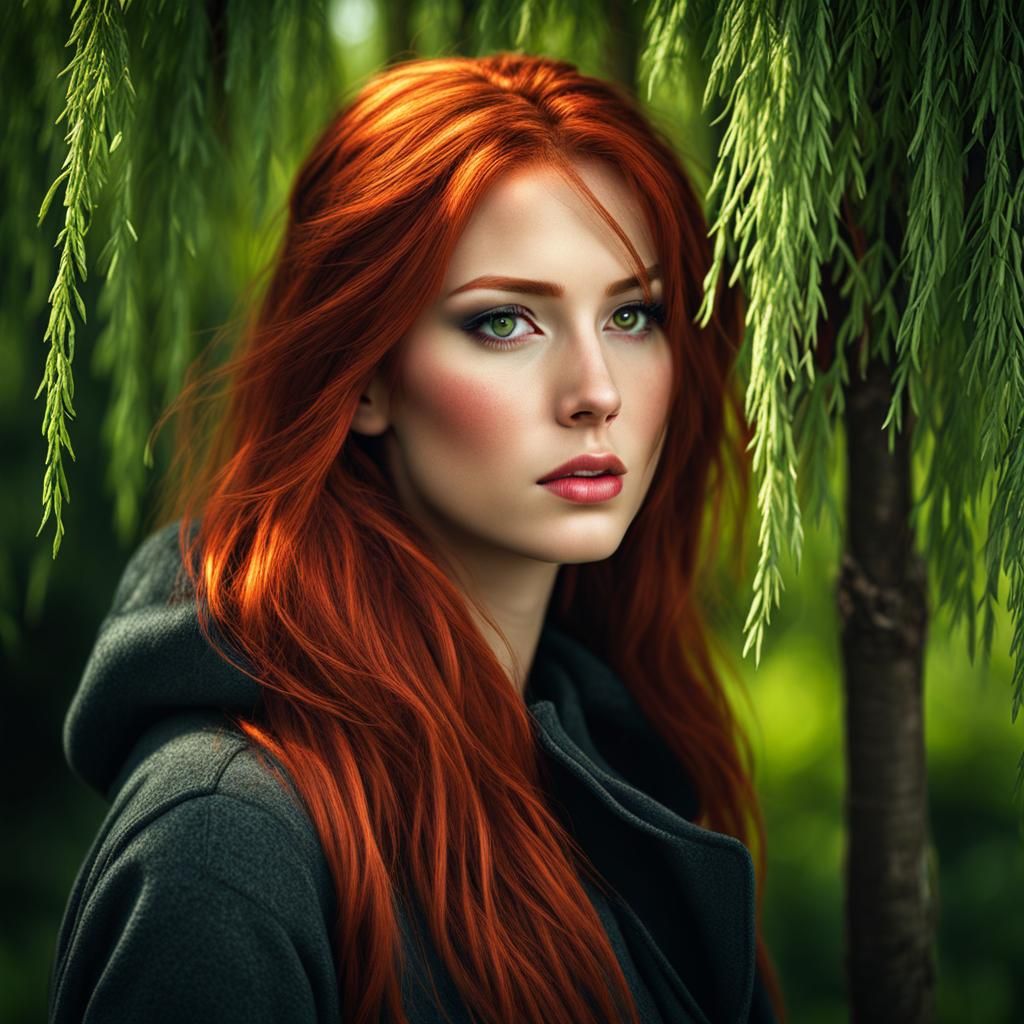 Red-Haired Woman Portrait with Weeping Willows