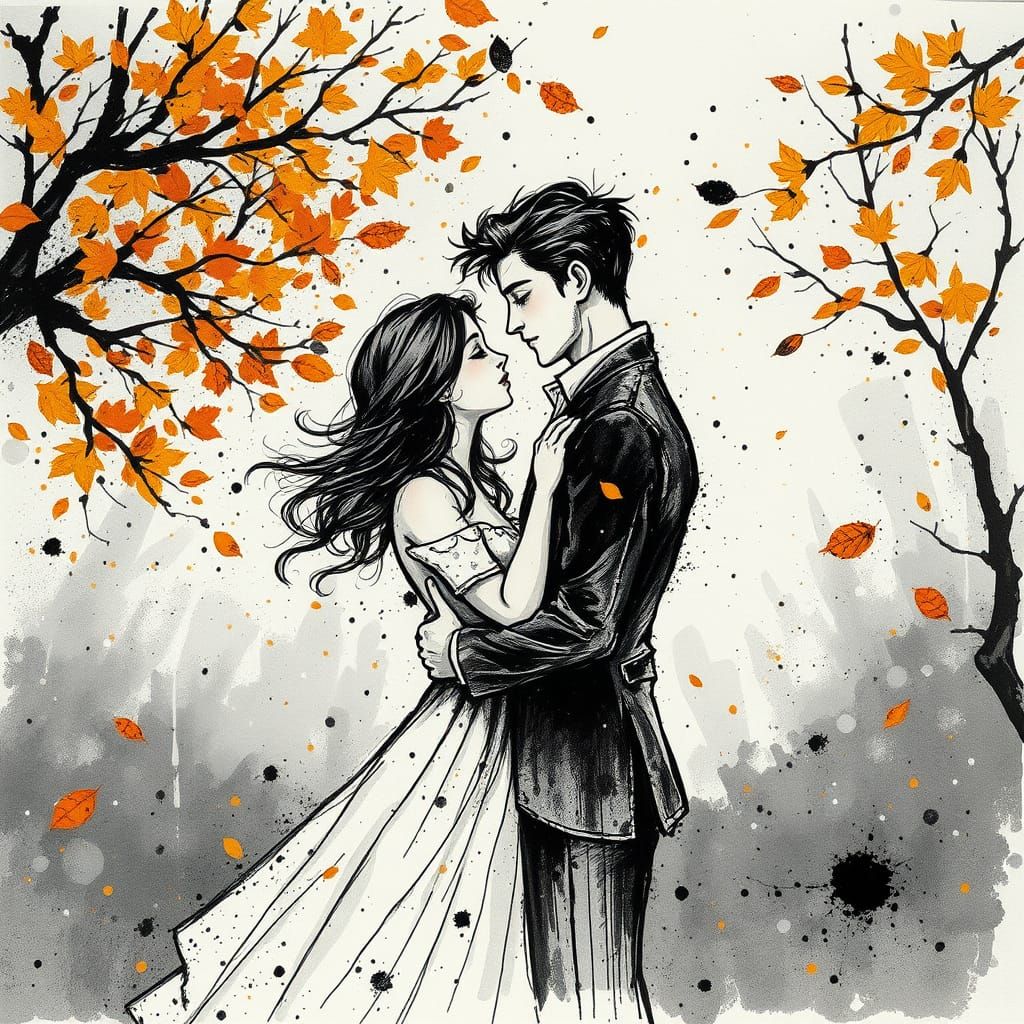 Couple Embracing in Autumnal Ink Art