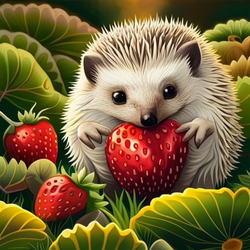 Hedgehog Eating Strawberry: Hyperrealistic Matte Painting