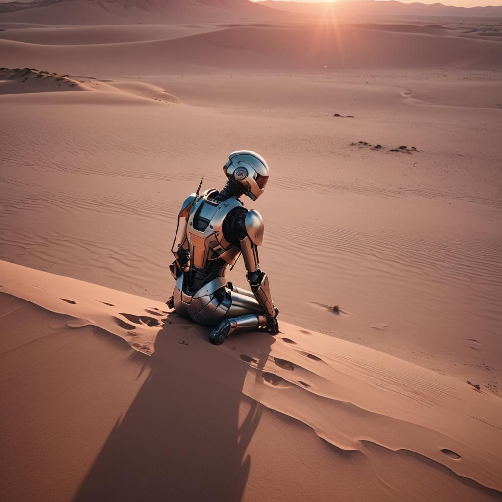 Robot Woman at Sunset: Cinematic Film Still