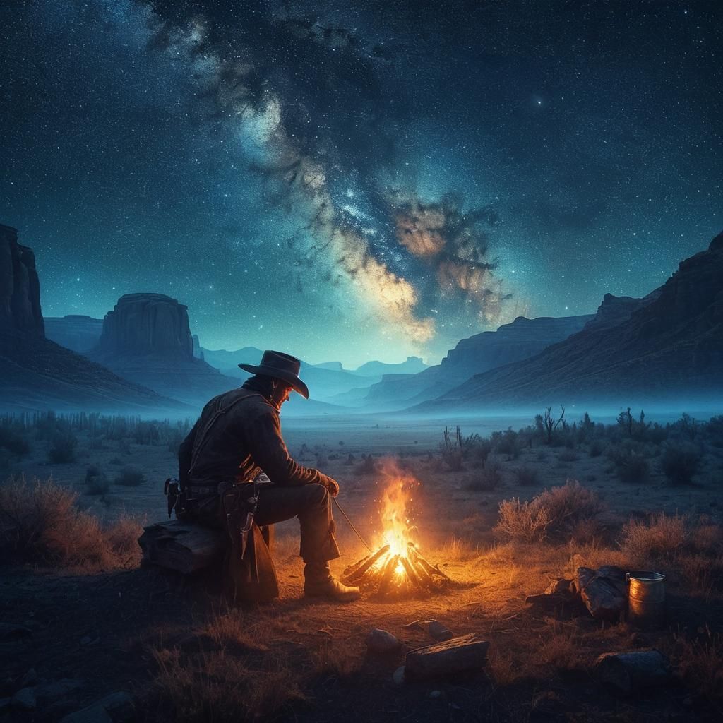 Cowboy Under Starry Night Sky in Digital Art Style