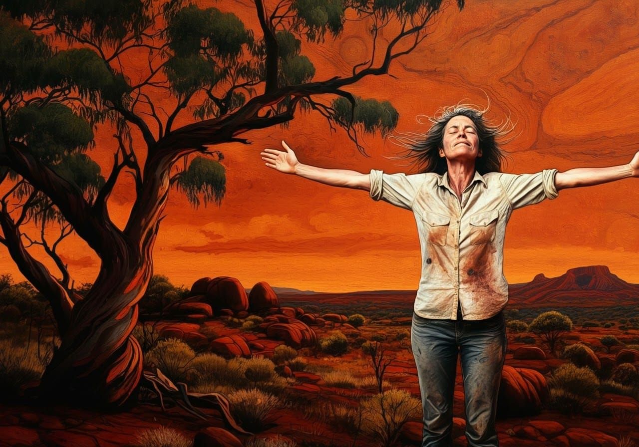 Australian Woman Embracing Outback Landscape in Watercolour ...