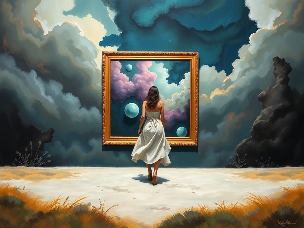 Woman Stepping into a Vibrant Art World