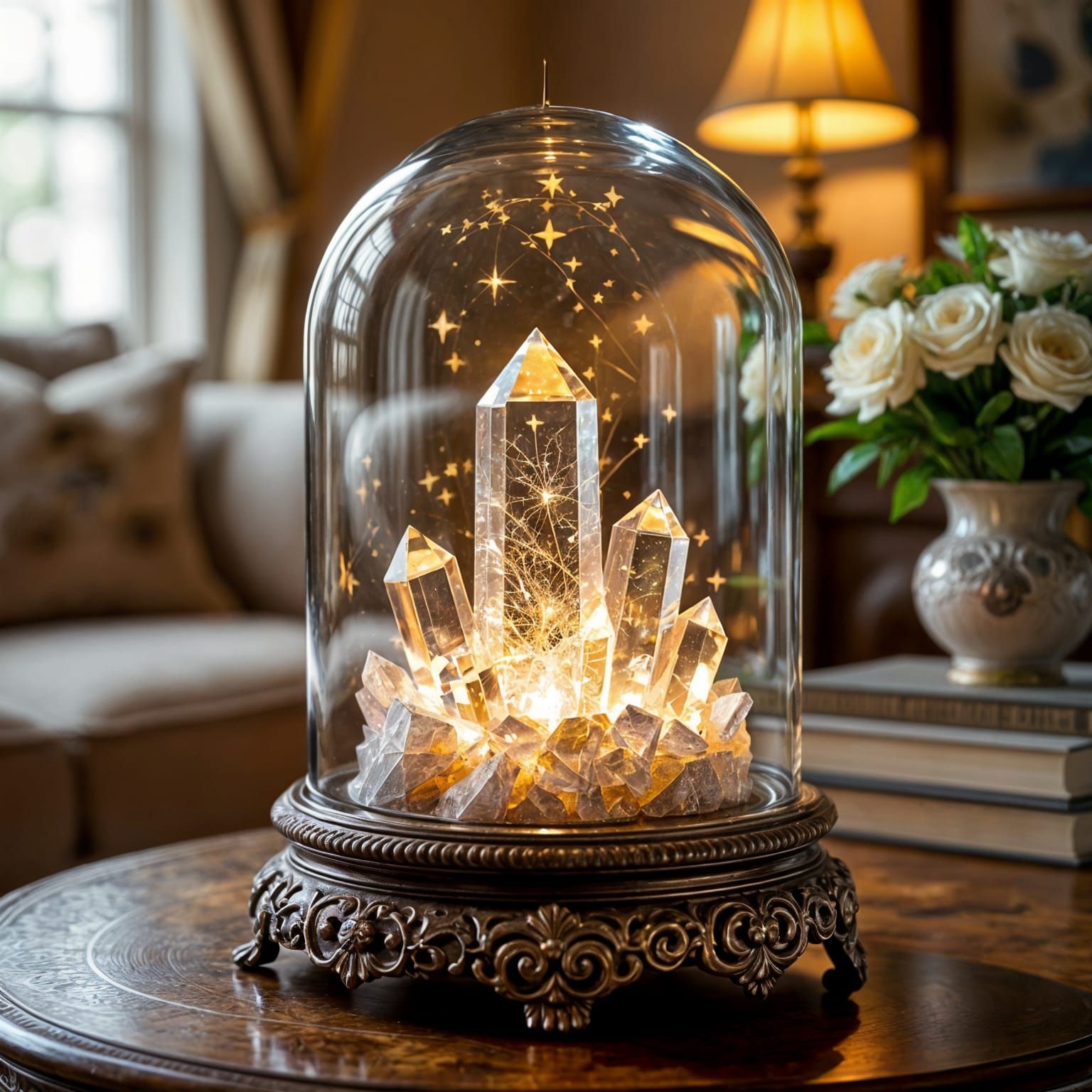 Mystical Spirit Lights Crystal Cloche on Ornate Table