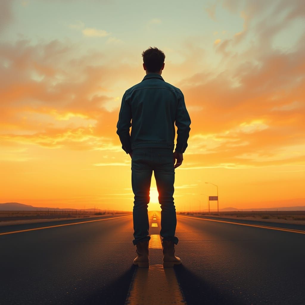 Rugged Man Stands Alone on Endless Black Highway