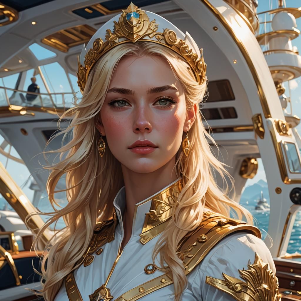 Woman in Gold Uniform on Yacht, Digital Fantasy Art