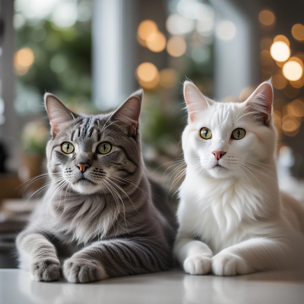Gray and White Cats on Counter: Professional Photography