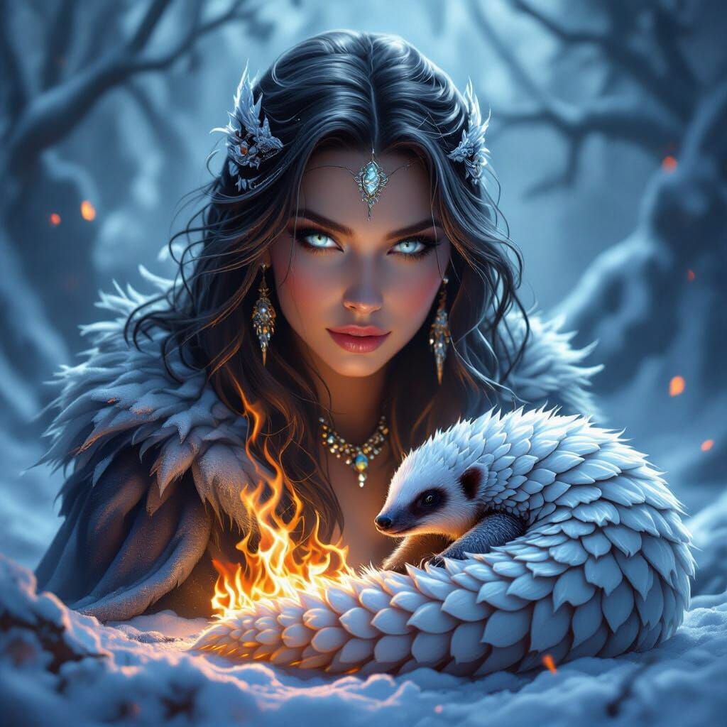 Ice and Fire Goddess with Snow Pangolin in Fantasy Art Style