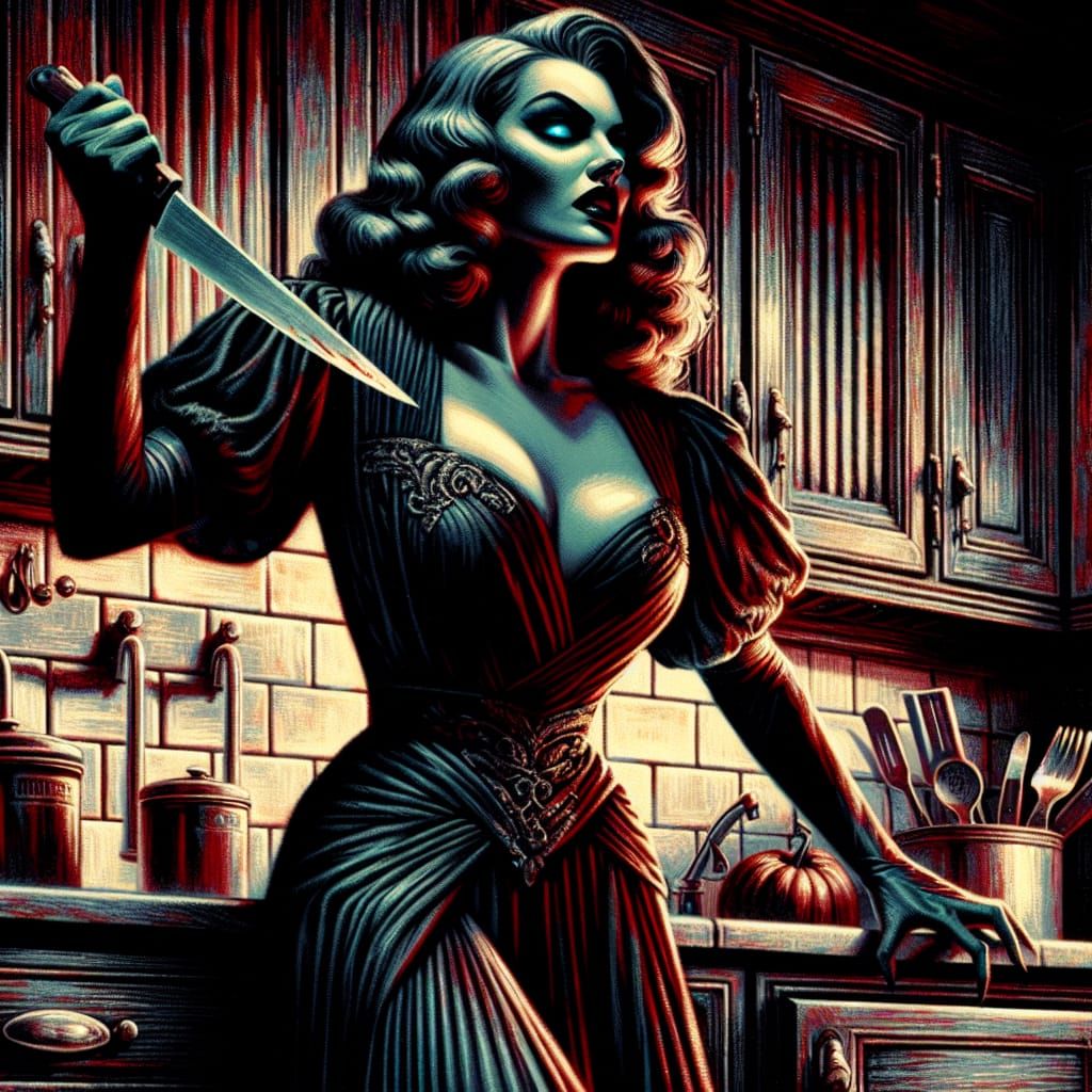 Retro Horror Woman with Knife in 8k Concept Art