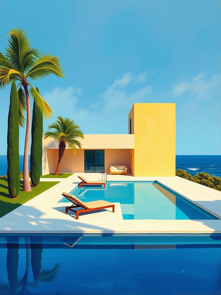 Modern House near Ocean in Abstract Expressionist Style