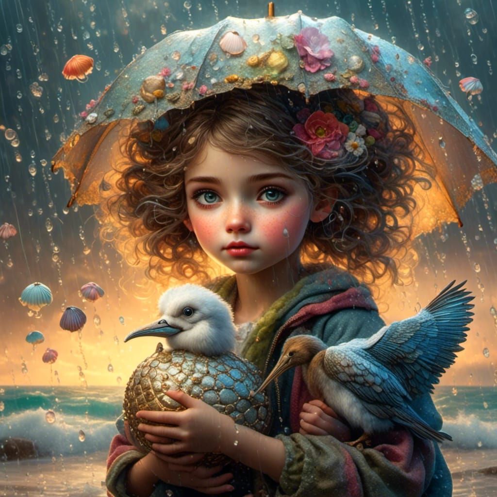 Girl with Umbrella in Rainy Shabby Chic Style