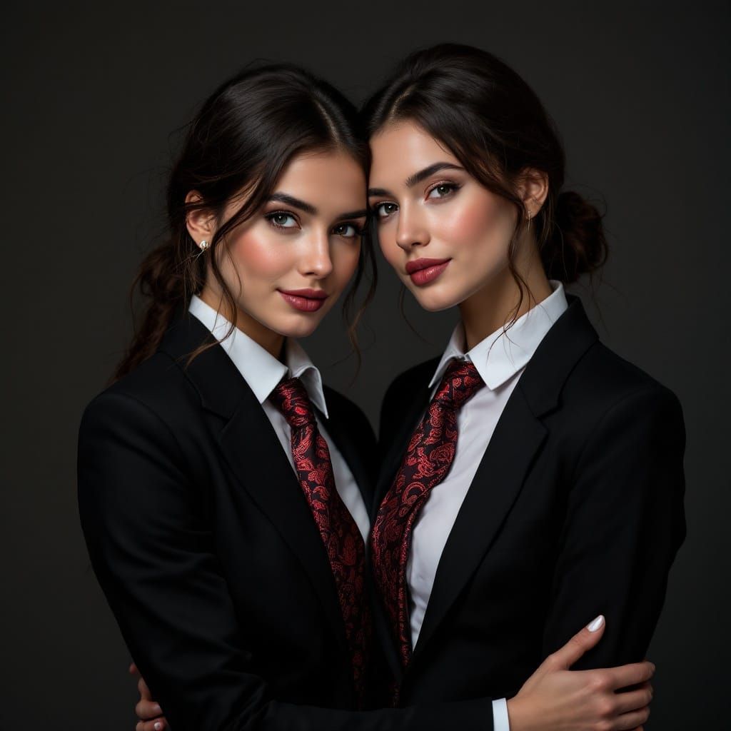 Two Women in Elegant Business Attire Share a Tender Moment