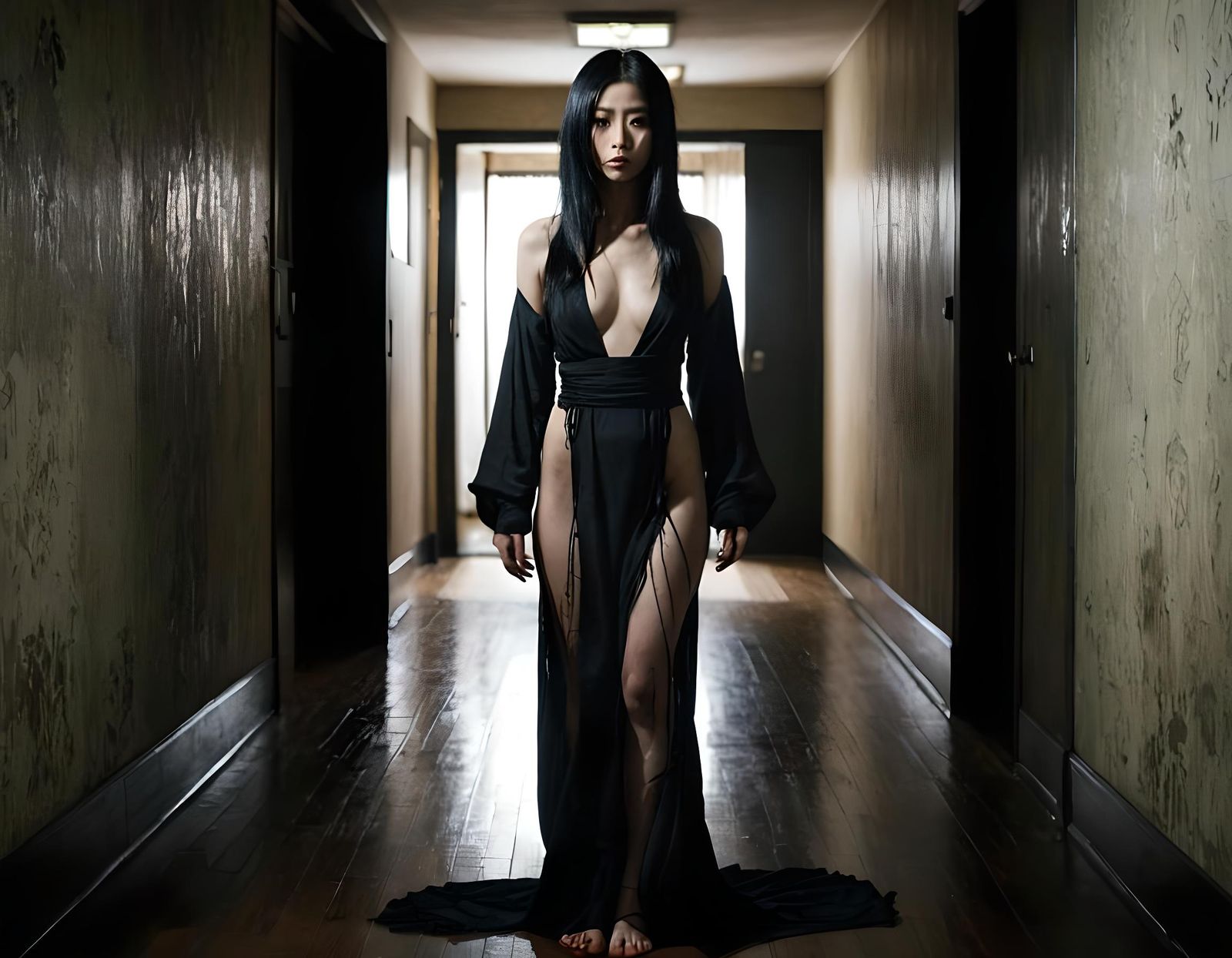 Eerie Japanese Spirit in Dark Hallway