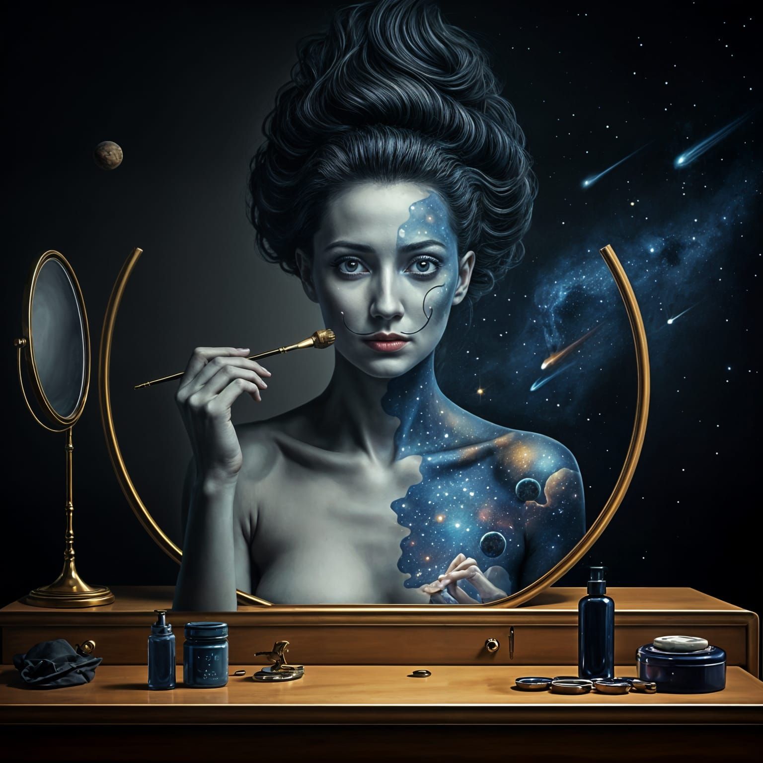 Surreal Portrait: Woman's Cosmic Transformation in Oil