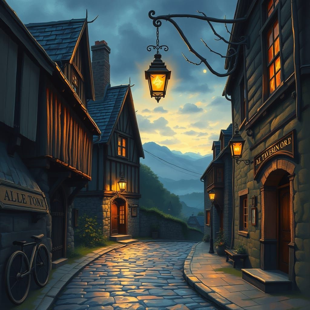 Mystical Scottish Alley at Dusk in Frazetta Style