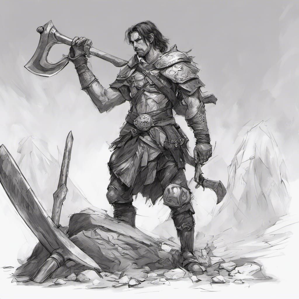 Fantasy Warrior Resting on Axe: Black and White Sketch
