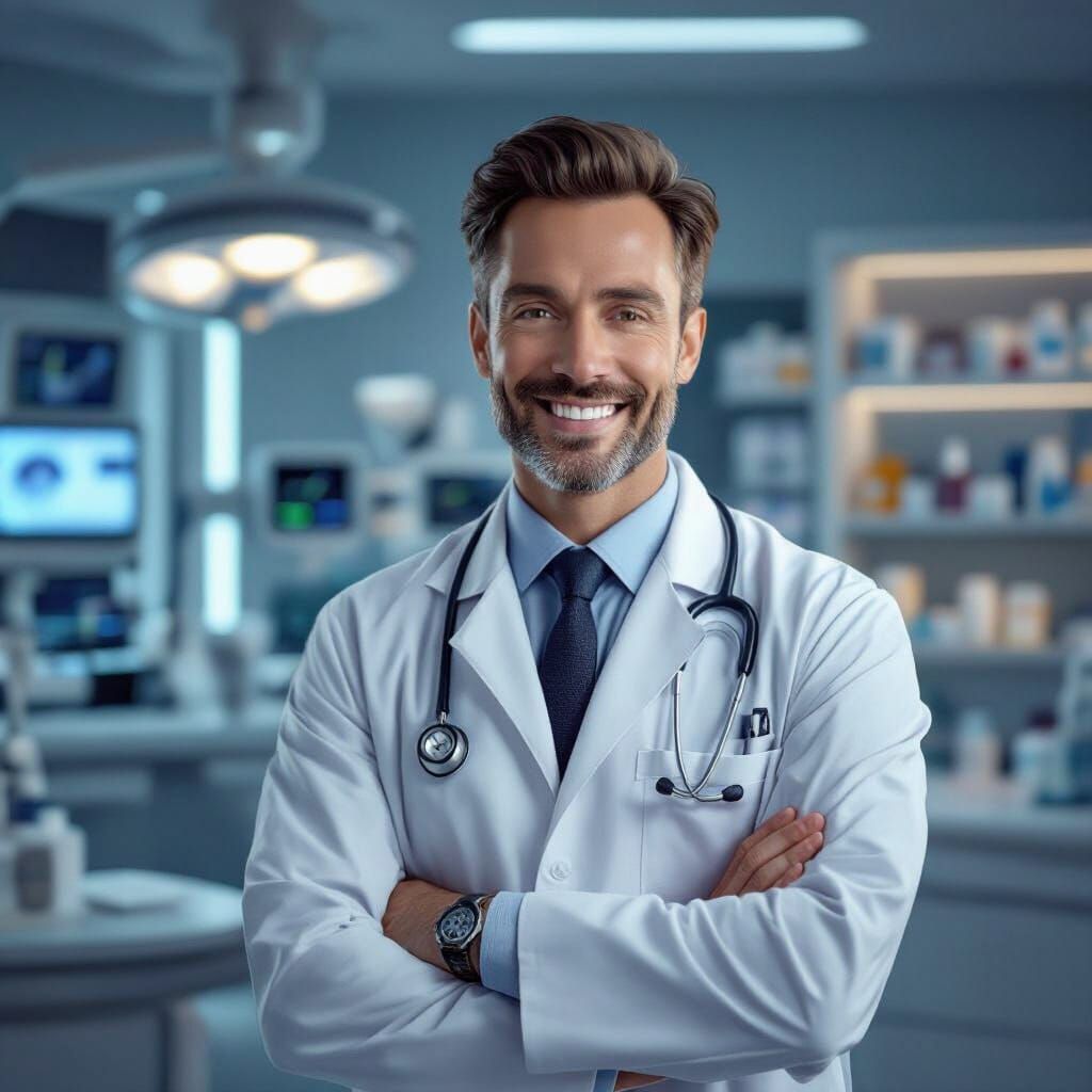 Friendly Doctor in Futuristic Clinic, Digital Art