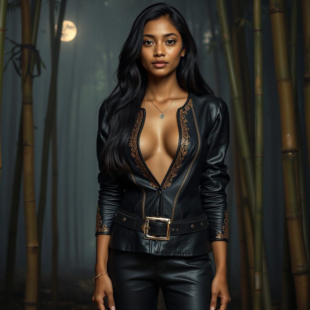 Sri Lankan Woman in Moonlit Forest, Photo-Realistic Portrait