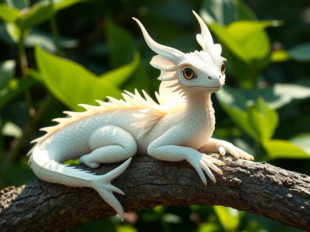 Realistic White Dragon with Lily Flower Texture, Amidst Natu...